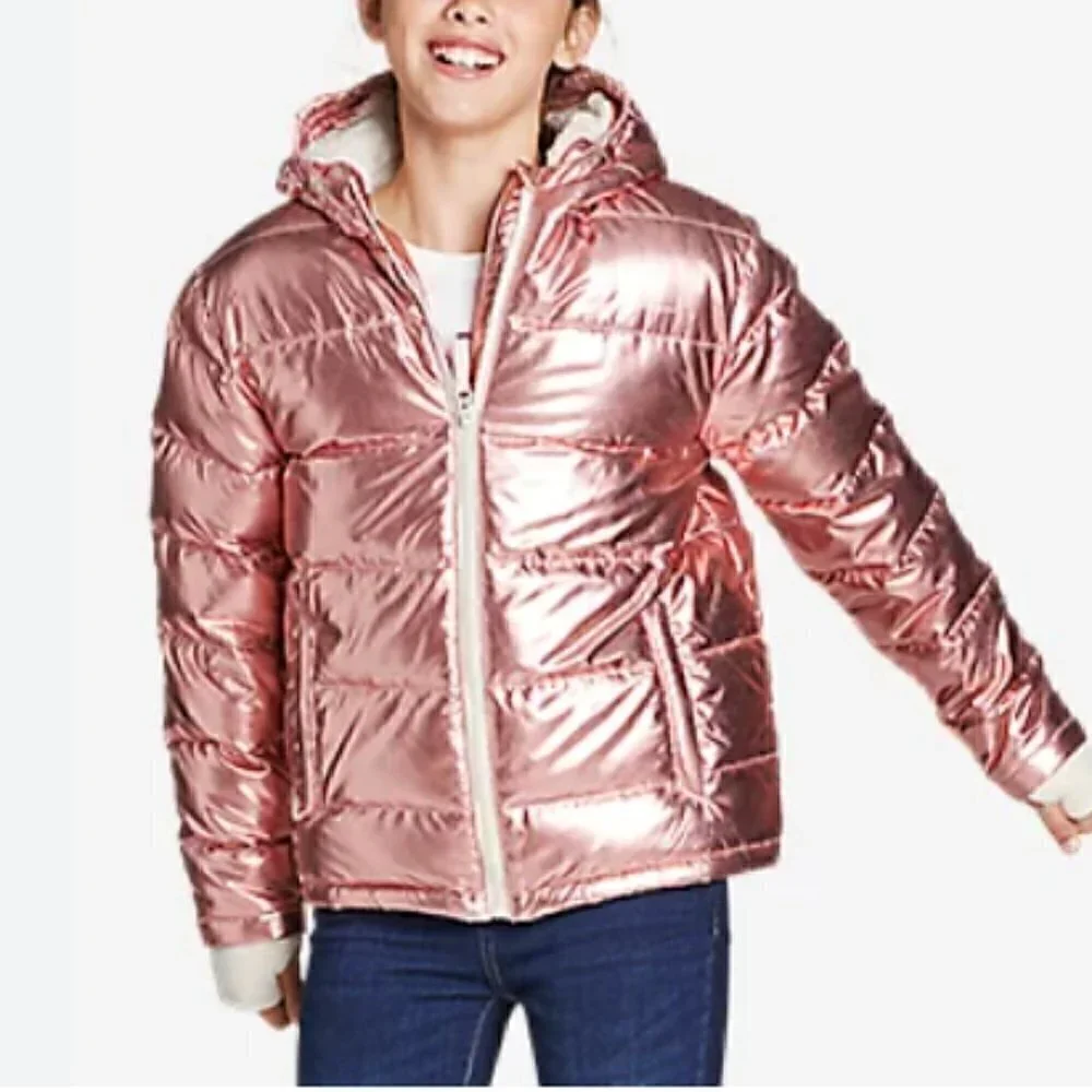 Eddie Bauer Girls Classic Down Hooded Metallic Puffer Jacket Size L (14)
